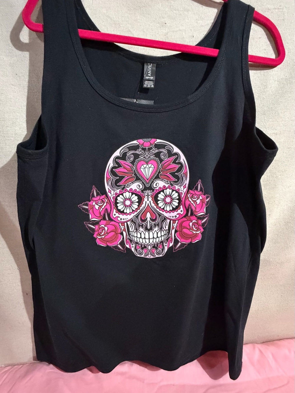 Women Anvil Black Tank Top with Pink Sugar Skull Graphic